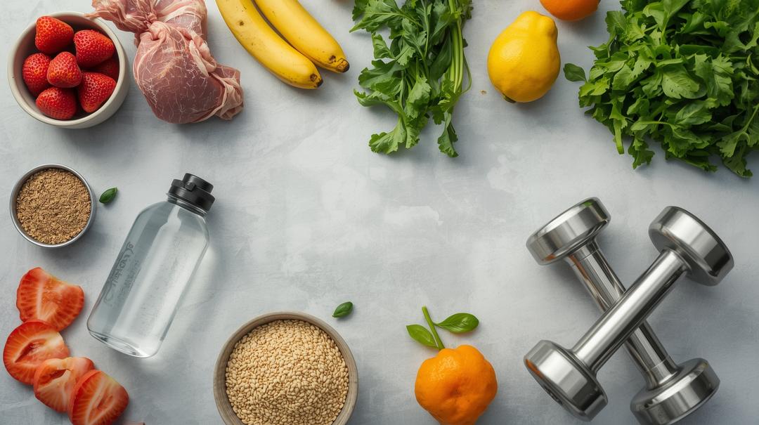 Top view of a healthy balanced meal with fresh vegetables, fruits, lean protein, and whole grains on a wooden table.