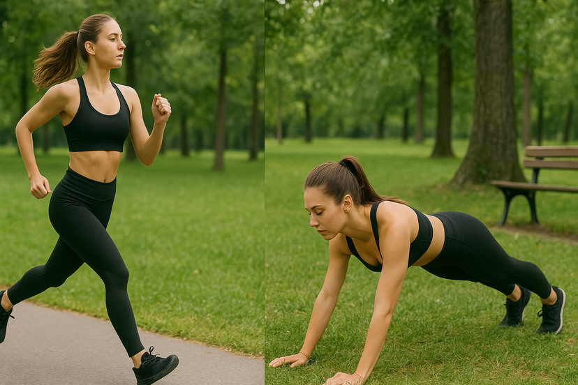 Person jogging outdoors and doing bodyweight circuit for cardio
