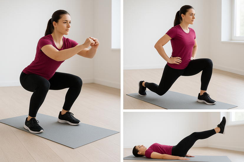 Person performing squats, lunges, and leg raises for lower body workout