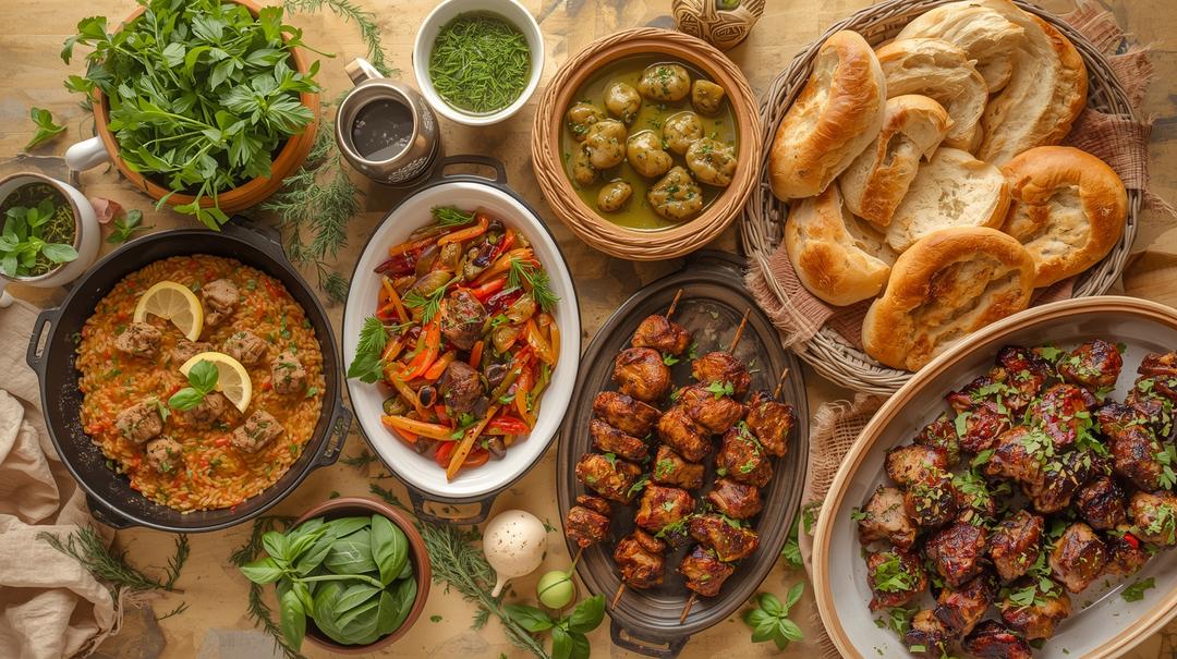 Healthy reinterpretation of Uzbek plov and shashlik with lean meat and fresh herbs.